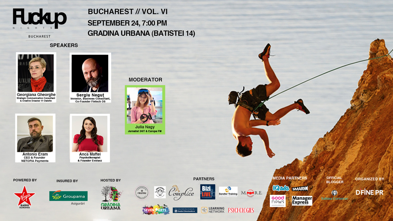 4 antreprenori – Fintech OS, NETOPIA PAYMENTS, Clatette și Evoluez– vorbesc despre propriile escalade profesionale la Fuckup Nights București, ediția a VI-a